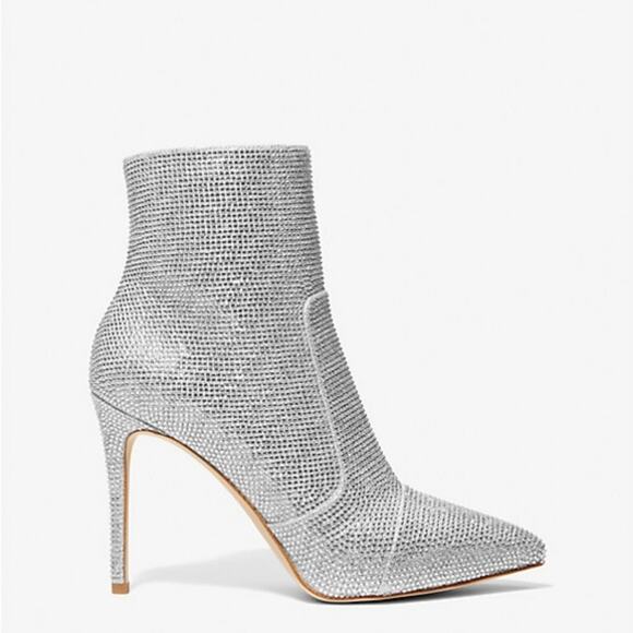 Michael Kors Rue Stiletto Bootie Crystal Embellished Silver Bootie Boot 10M - Picture 2 of 9